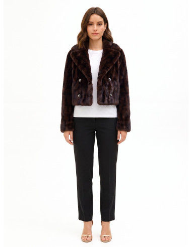 Veste courte à double boutonnage en fourrure synthétique douce à effet strié, avec surpiqûres tachetées et poches passepoilées
