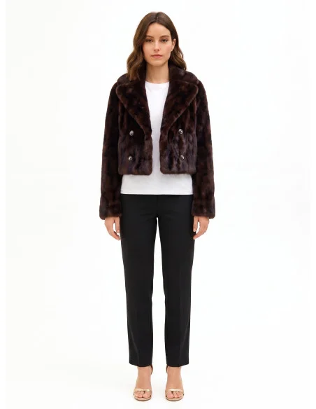 Double-breasted crop jacket in soft faux fur with a striped effect, featuring spotted trim and in-seam pockets – Rinascimento