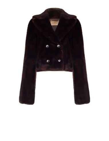 Double-breasted crop jacket in soft faux fur with a striped effect, featuring spotted trim and in-seam pockets – Rinascimento