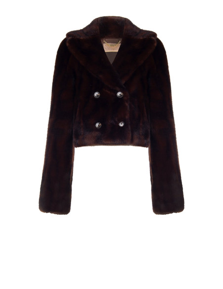 Veste courte à double boutonnage en fourrure synthétique douce à effet strié, avec surpiqûres tachetées et poches passepoilées