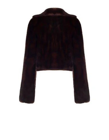 Double-breasted crop jacket in soft faux fur with a striped effect, featuring spotted trim and in-seam pockets – Rinascimento