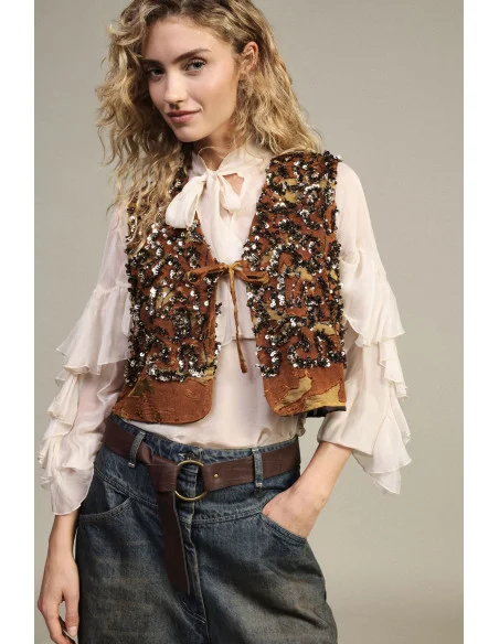 Dixie Short Sequin-Patterned Waistcoat With Tie Fastening