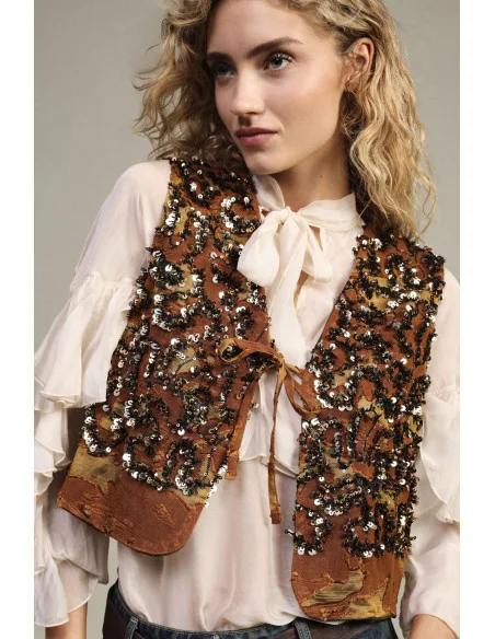 Gilet court à motifs de paillettes et fermeture à lacets Dixie
