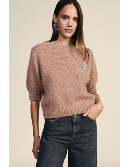 Dixie Crew-Neck Jumper with Half-Length Sleeves and Jewellery Detail