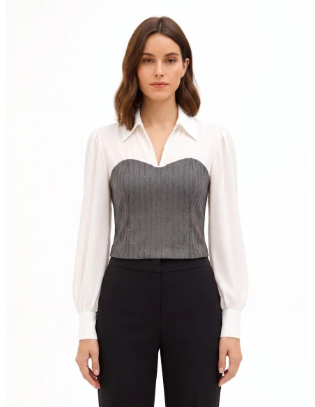 Haut 2 en 1 avec chemise en georgette et corset à rayures en paillettes « Rinascimento »