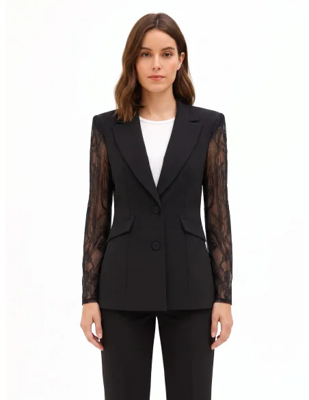 Fitted Blazer Jacket in Cadi Fabric with Rinascimento Lace Inserts