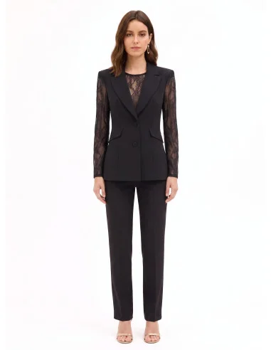 Fitted Blazer Jacket in Cadi Fabric with Rinascimento Lace Inserts