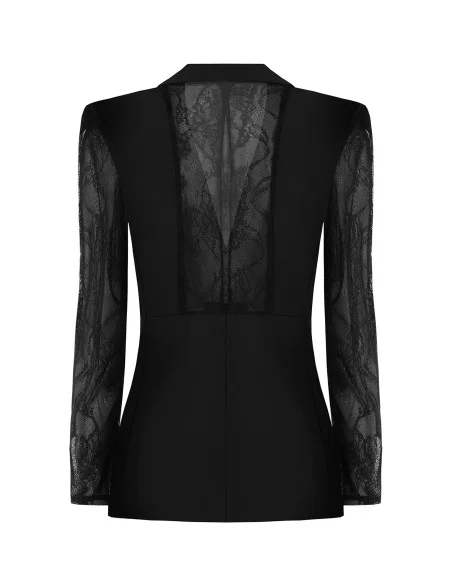 Fitted Blazer Jacket in Cadi Fabric with Rinascimento Lace Inserts