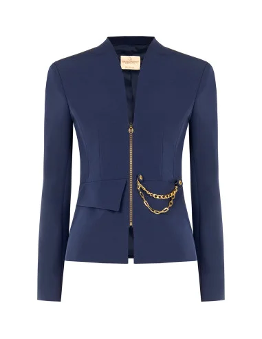 Veste blazer courte cintrée en tissu technique, sans revers, avec détail chaîne « Rinascimento »