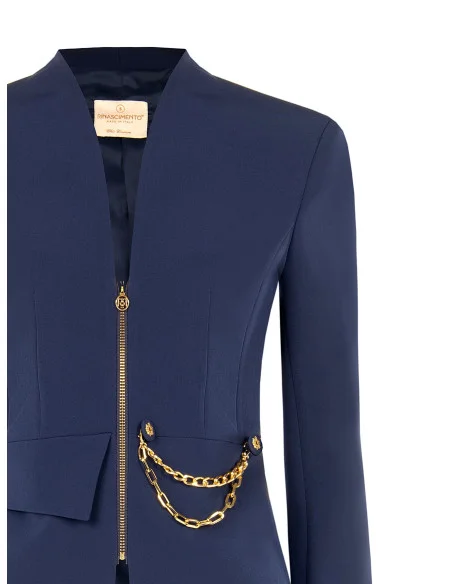 Short, Fitted Blazer Jacket in Technical Fabric, Without Lapels, Featuring a Rinascimento-style Chain Detail
