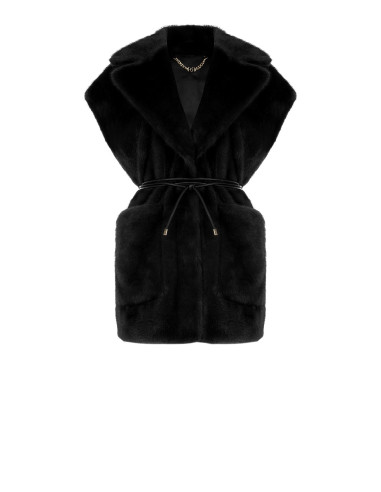 Long, sleeveless waistcoat in soft faux fur with a faux leather belt and ‘Rinascimento’ pockets