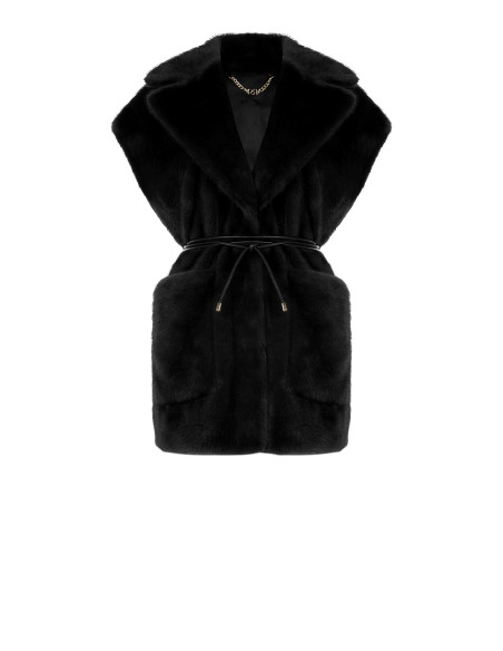 Gilet Lungo Smanicato In Morbida Pelliccia Sintetica Con Cintura In Similpelle E Tasche Rinascimento