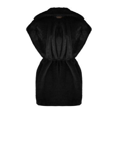 Long, sleeveless waistcoat in soft faux fur with a faux leather belt and ‘Rinascimento’ pockets