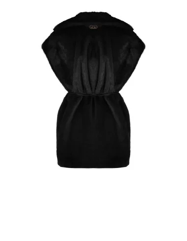 Long, sleeveless waistcoat in soft faux fur with a faux leather belt and ‘Rinascimento’ pockets