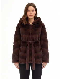 Short Kimono-Style Coat in Faux Fur with a Striped Pattern, ‘Rinascimento’ Effect