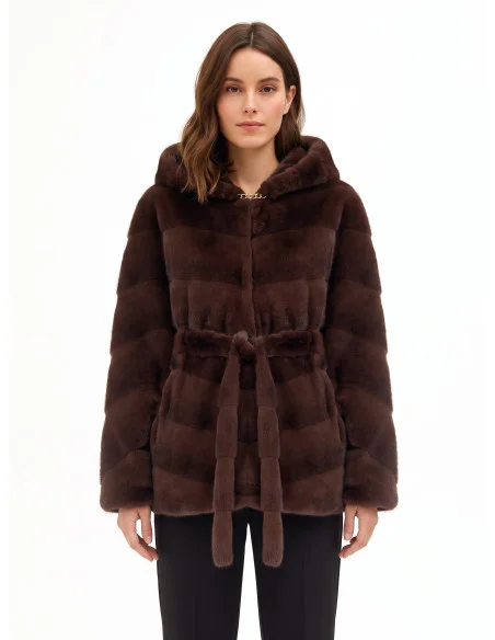 Short Kimono-Style Coat in Faux Fur with a Striped Pattern, ‘Rinascimento’ Effect