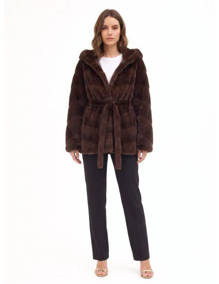 Short Kimono-Style Coat in Faux Fur with a Striped Pattern, ‘Rinascimento’ Effect