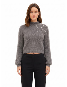 Maglione Crop In Mohair Con Cristalli Cabochon Rinascimento