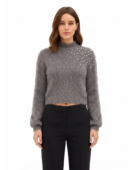 Pull court en mohair orné de cristaux cabochons « Rinascimento »