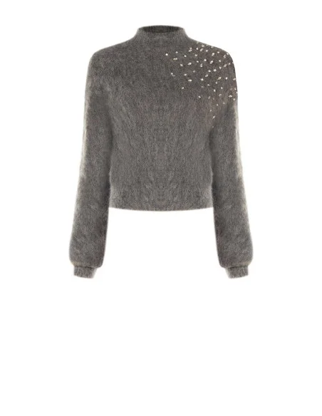 Maglione Crop In Mohair Con Cristalli Cabochon Rinascimento