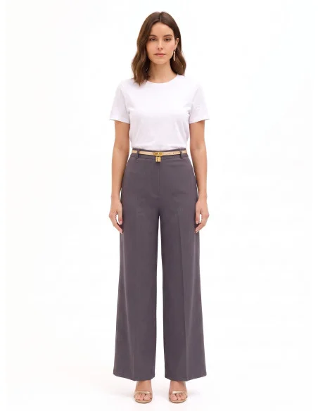 Pantalon palazzo à un pli, avec ceinture en simili-cuir et pendentif en forme de cadenas « Rinascimento »