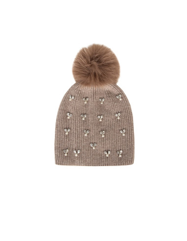 Viscose and wool blend hat with cabochon crystals and faux fur pom-...