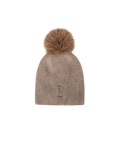 Bonnet en mélange de viscose et de laine avec cristaux cabochons et pompon en fausse fourrure Rinascimento