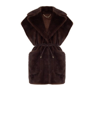 Gilet Lungo Smanicato In Morbida Pelliccia Sintetica Con Cintura In Similpelle E Tasche Rinascimento