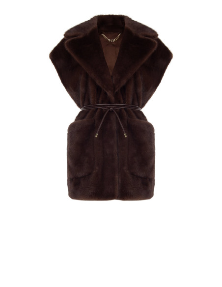 Gilet Lungo Smanicato In Morbida Pelliccia Sintetica Con Cintura In Similpelle E Tasche Rinascimento