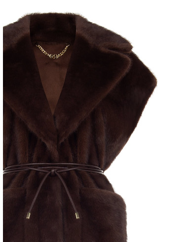 Gilet Lungo Smanicato In Morbida Pelliccia Sintetica Con Cintura In Similpelle E Tasche Rinascimento