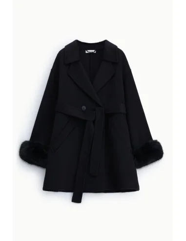 Manteau à double boutonnage et poignets en fourrure, Please