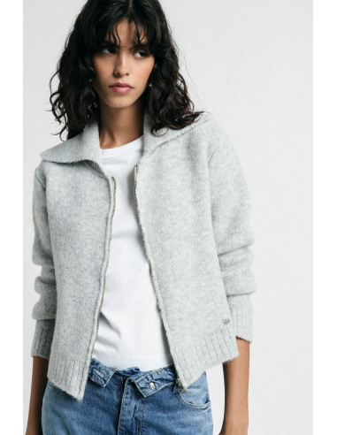 Zip-up Cardigan with Polo Neck and Long Sleeves – Please