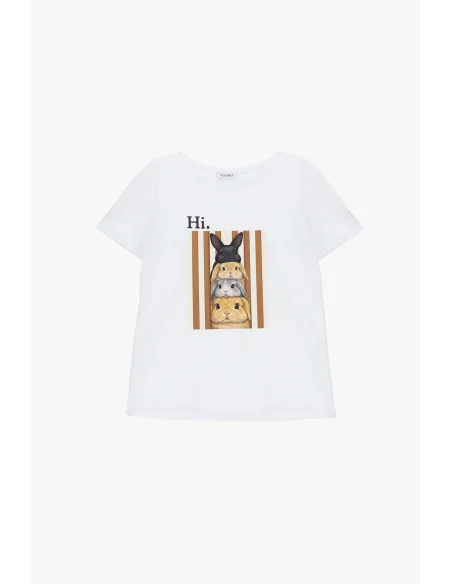 T-shirt à col rond avec imprimé « lapins » sur le devant « Please »