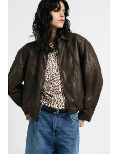 Veste en cuir coupe classique, col classique, fermeture éclair « Please »
