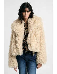 Short Eco-Fur Coat With a Wide Collar and Long Sleeves, please