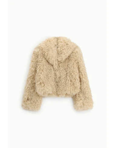 Short Eco-Fur Coat With a Wide Collar and Long Sleeves, please
