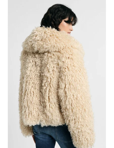 Short Eco-Fur Coat With a Wide Collar and Long Sleeves, please