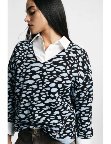 Pull à col en V à imprimé léopard jacquard Please