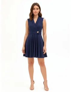 Short, flared dress in flowing fabric with a crossover V-neck and ‘Rinascimento’ metal detailing