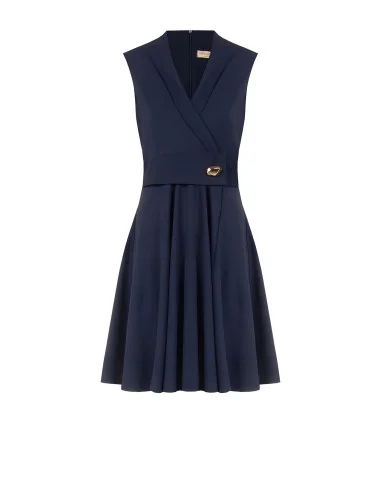 Short, flared dress in flowing fabric with a crossover V-neck and ‘Rinascimento’ metal detailing