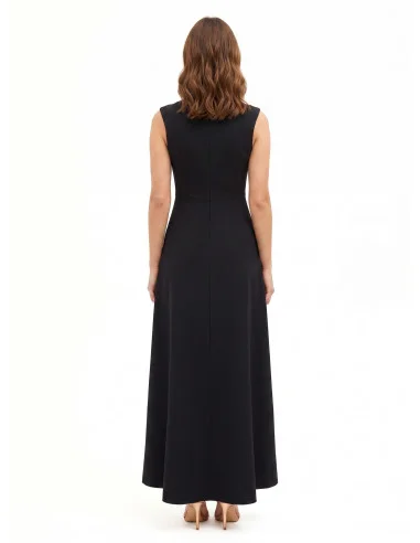 Long Scuba Crepe Dress with a Central Pleated Georgette Insert and a Rinascimento-style V-neck