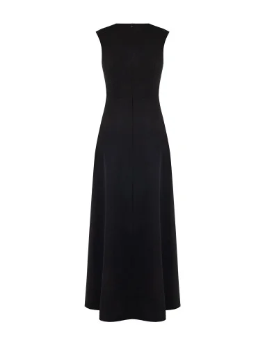 Long Scuba Crepe Dress with a Central Pleated Georgette Insert and a Rinascimento-style V-neck