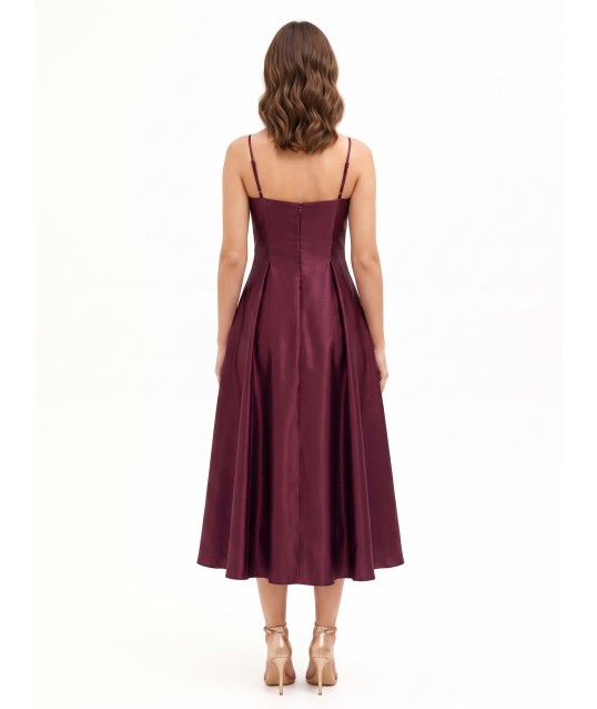 Structured Satin Midi Dress with a Full Skirt and Pockets by Rinascimento