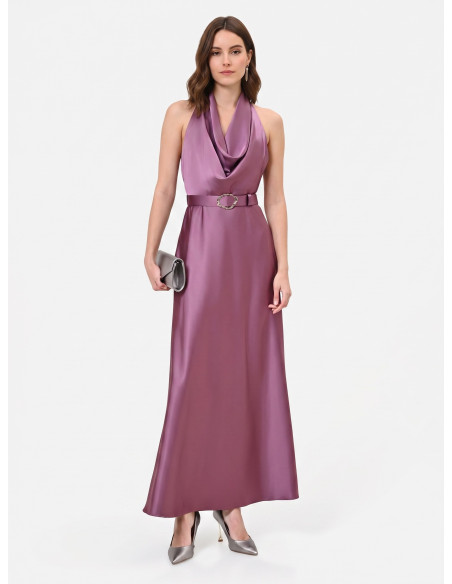 Long, flared satin dress with matching belt by Rinascimento