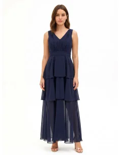 Robe longue en georgette à volants avec double encolure en V de style Rinascimento