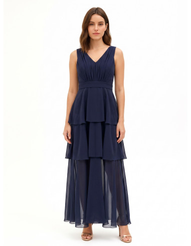 Long Georgette Dress with Ruffles and a Double V-Neckline in the Rinascimento Style