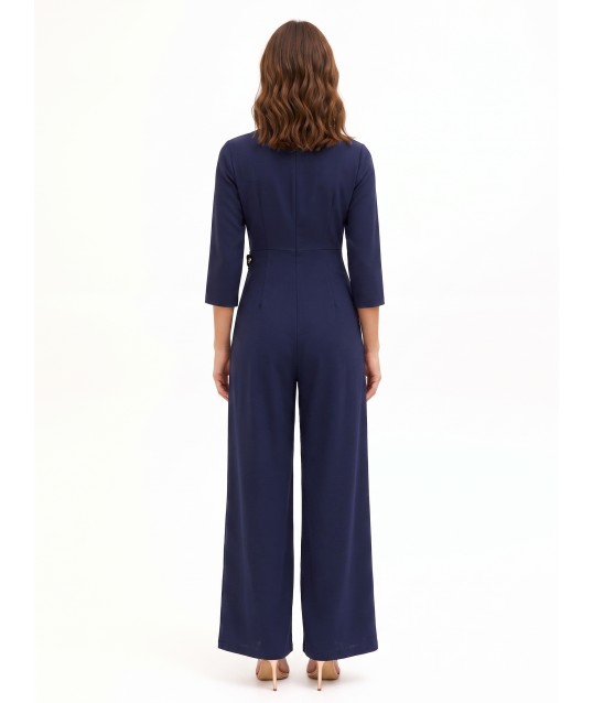 Palazzo-style jumpsuit in flowing fabric with a crossover neckline and ‘Rinascimento’ metal detailing