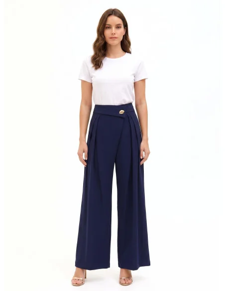 Pantaloni Palazzo In Tessuto Cadi Con Risvolto In Vita E Dettaglio Gioiello Rinascimento