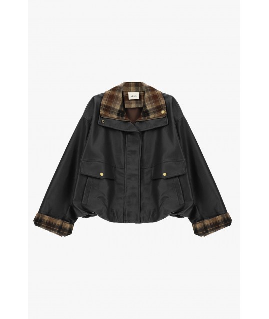 Dixie Faux Leather Jacket with Checked Collar and Cuffs