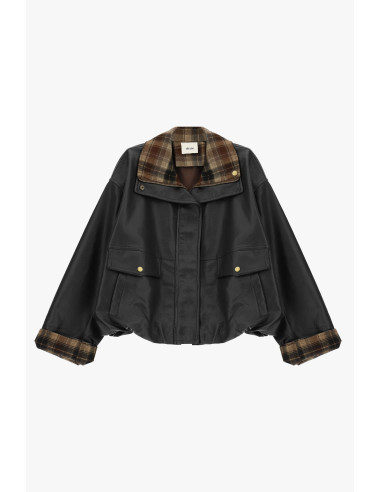 Dixie Faux Leather Jacket with Checked Collar and Cuffs